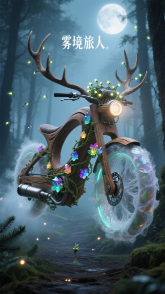 由月光浸润的冷杉木雕琢而成的流线型车架，木质纹理间镶嵌着会随温度变换色彩的晶石花朵，车轮采用凝结的极光薄雾锻造而成。悬浮在鹿角状车把上方的是一簇会呼吸的萤火虫灯群，引擎每发动一次就会荡漾开涟漪状的森林光纹。车身缠绕着半透明的发光藤蔓，排气管呼出带着松香气息的星尘薄雾，在林间小径上留下闪烁的光痕，引来夜行小兽好奇的张望。借鉴北欧神话的自然机械美学，上方写着"雾境旅人"，在晨昏交替时分泛着珍珠母贝般的柔和光泽。