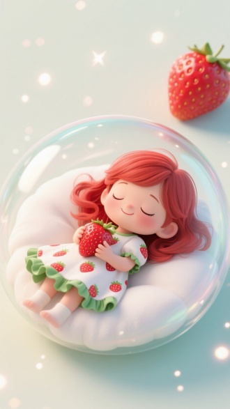一个可爱的卡通风格小女孩，拥有红色长发，闭着双眼在睡觉，脸上带着甜美的微笑。她穿着印有草莓图案、绿色荷叶边装饰的白色连衣裙，怀中抱着一颗真实感的大草莓。小女孩躺在一个透明的泡泡内，泡泡里有柔软的白色垫子。背景是浅色调，散布着闪烁的光点 ，泡泡外有一颗巨大的草莓。整体氛围梦幻、甜美、温馨，具有 3D 渲染的高质量效果。