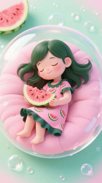 一个可爱的卡通风格小女孩，拥有深绿色长发，闭着双眼在睡觉，脸上带着惬意的微笑。她穿着印有西瓜图案、深绿色荷叶边装饰的粉红色连衣裙，怀中抱着一片切好的西瓜。小女孩躺在一个透明的泡泡内，泡泡里有柔软的粉红色垫子。背景是清爽的粉绿色调，散布着水润光点，泡泡外有一瓣巨大的西瓜。整体氛围清凉、甜美、放松，具有3D渲染的高质量效果。
