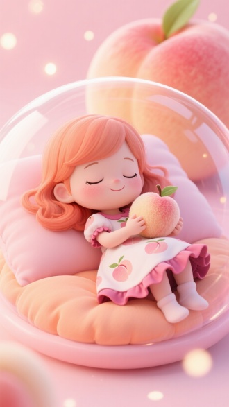 一个可爱的卡通风格小女孩，拥有粉橙色长发，闭着双眼在睡觉，脸上带着甜美的微笑。她穿着印有桃子图案、深粉色荷叶边装饰的粉白色连衣裙，怀中抱着一个绒毛质感的桃子。小女孩躺在一个透明的泡泡内，泡泡里有柔软的粉橙色垫子。背景是温柔的粉色调，散布着柔和光点，泡泡外有一个巨大的桃子。整体氛围柔软、甜美、温馨，具有3D渲染的高质量效果。