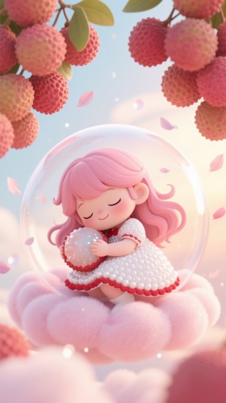 可爱的卡通风格小女孩，拥有玫瑰粉长发，闭眼安睡时笑靥如花。她穿着珍珠白连衣裙，点缀荔枝纹样与绛红镶边，怀抱晶莹的荔枝。泡泡内铺着淡粉云朵垫，背景似晨曦般柔和，飘落着花瓣光点，泡泡外悬着成串的巨型荔枝。整体呈现精致浪漫的3D渲染效果。