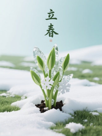 画面中心一簇破雪而出的嫩绿芽尖，托着将融未融的雪花。背景是渐变的雪白色到淡青色草地，远处隐约可见残雪消融。3D渲染的冰晶与植物生长细节，书法"立春"。