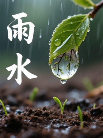 画面展现新叶尖端悬挂的雨滴，水滴中倒映着朦胧柳枝。背景是湿润的深褐色泥土与零星冒出的草芽。超写实水珠渲染，书法"雨水"。