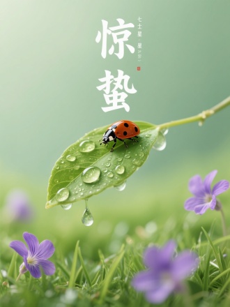 画面中心七星级瓢虫栖息在挂着三颗雨滴的嫩叶上。背景是淡绿色草地与紫色地丁小花。次表面散射的叶片材质，书法"惊蛰"。