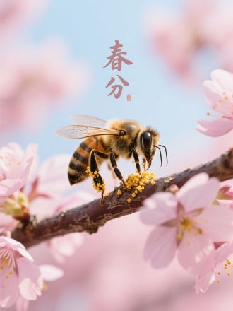 画面特写樱花枝头停留的蜜蜂，前足沾满金黄色花粉。背景是虚化的粉色樱花林与淡蓝天际。绒毛与半透明翅膀渲染，书法"春分"。