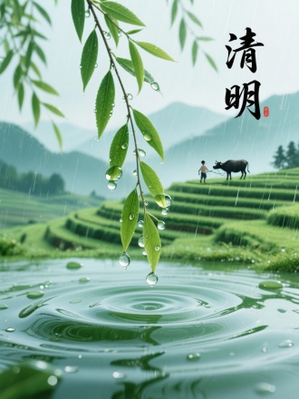 画面中心垂柳新叶托住的清明雨，水珠折射出远处牧童与耕牛。背景是青绿梯田与水墨状远山。流体模拟的雨滴效果，书法"清明"。