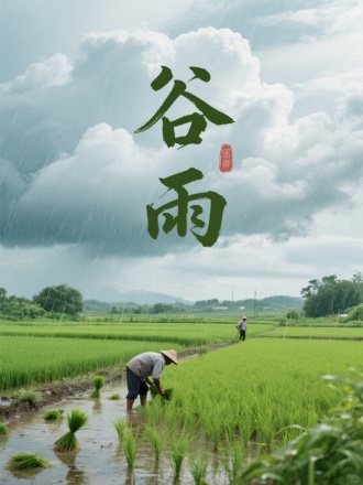 农田，远处插秧的农人身影。背景是油绿稻田与低垂的积雨云。书法"谷雨"。