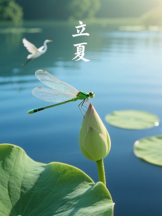 画面中心一只翠绿的豆娘停驻在新荷尖角，薄翼折射晨光。背景是渐变的湖蓝水面与初展的圆叶，远处白鹭掠过。3D渲染的透明翅脉与荷叶蜡质层，书法"立夏"。