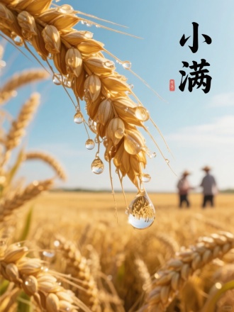 画面展现灌浆麦穗上悬挂的露珠，露中映出金色麦浪。背景是饱满的麦田与远处农人身影。超写实的麦芒与液体表面张力渲染，书法"小满"。