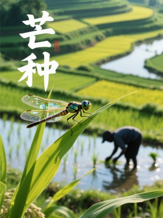 画面特写稻叶上休憩的蜻蜓，复眼映出连绵水田。背景是青黄相间的梯田与弯腰插秧的剪影。金属光泽的昆虫复眼渲染，书法"芒种"。