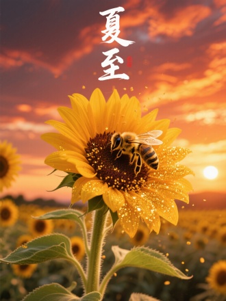 画面中心向日葵花盘上忙碌的蜜蜂，绒毛沾满金粉。背景是燃烧的晚霞与向日葵田的热浪。绒毛光影散射与花粉粒子渲染，书法"夏至"。