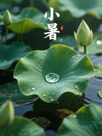 画面展现荷叶中央滚动的水珠，折射出整片荷塘。背景是深绿的莲叶与待放的荷花。流体模拟与焦散光效渲染，书法"小暑"。