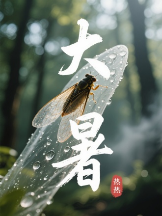 画面聚焦蝉翼上的冷凝水珠，映出模糊的树影。背景是虚化的树林与蒸腾的热浪。透明薄膜与水滴折射渲染，书法"大暑"。