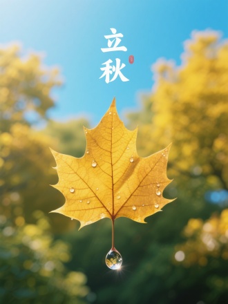 画面中心梧桐叶尖悬挂的初露，露中折射变黄的叶脉。背景是渐变的黄绿树冠与高远蓝天。叶脉纹理与露珠折射渲染，书法"立秋"。
