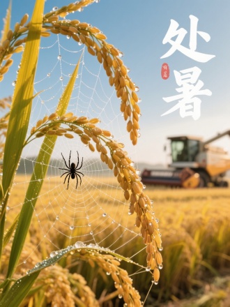 画面特写稻穗上结网的蜘蛛，网丝缀满晨露。背景是金黄的稻田与收割机械。超细纤维与多水滴互动渲染，书法"处暑"。