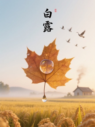 画面中心一片枫叶尖端悬挂的露珠，露中折射南飞雁阵。背景是渐变的金黄稻田与晨雾，远处隐约可见农舍炊烟。3D渲染的露珠折射与叶片绒毛细节，书法"白露"。