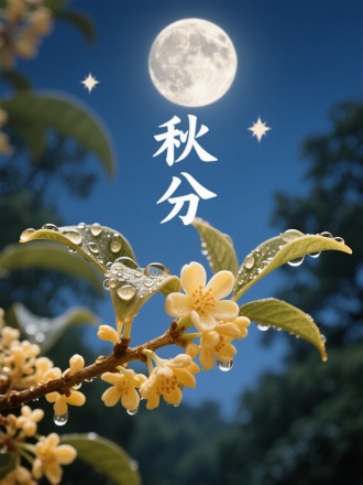画面展现桂花枝头凝结的秋露，水滴映出满月轮廓。背景是虚化的桂树林与深蓝天幕，点缀两三星子。超写实的花瓣纹理与液体表面渲染，书法"秋分"。