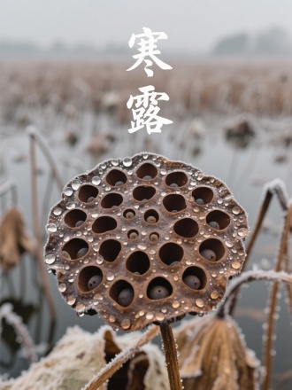 画面特写残荷表面滚动的寒露，露珠包裹着枯萎的莲蓬。背景是灰褐色的荷塘与早霜痕迹。次表面散射的枯萎植物材质，书法"寒露"。