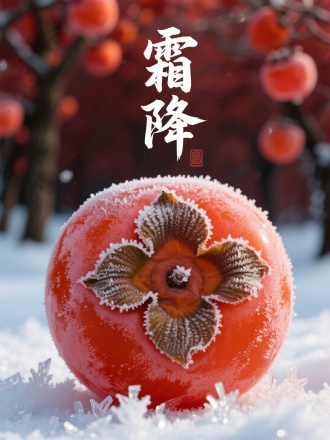 画面中心覆霜的柿子，果霜结晶呈现蕨类形态。背景是暗红色的柿树林与银白霜地。微距晶体结构与果皮质感渲染，书法"霜降"。