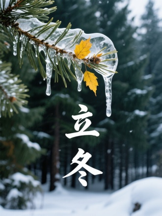 画面展现松针尖端悬挂的冰凌，冰中封存着飘落的黄叶。背景是墨绿松林与初雪痕迹。冰晶折射与针叶细节渲染，书法"立冬"。