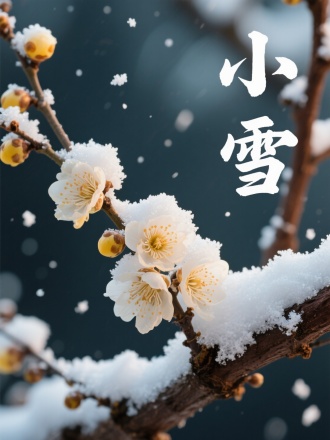 画面聚焦腊梅枝头堆积的雪粒，雪中透出花瓣纹理。背景是深褐枝干与飘舞的零星雪片。雪粒聚合物理模拟与花瓣透光渲染，书法"小雪"。