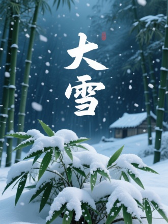画面中心一簇积雪的竹叶，雪粒间透出隐约青绿。背景是深青色的竹林与飘舞的雪片，远处可见积雪的茅舍轮廓。3D渲染的积雪重量感与竹叶韧性表现，书法"大雪"。
