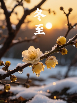 画面展现腊梅枝头融化的雪水，水滴中映出渐长的日光。背景是深褐枝干与暖黄色落日，地面残留斑驳积雪。超写实的花瓣蜡质与冰水交融渲染，书法"冬至"。