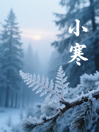画面特写松枝上凝结的雾凇，冰晶呈现蕨类生长形态。背景是蓝灰色的松林与弥漫的寒雾，天际泛着微光。冰晶结构显微级渲染，书法"小寒"。