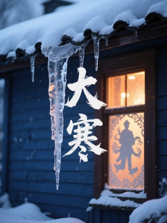 画面聚焦屋檐悬挂的冰棱，冰中折射出贴窗花的剪影。背景是深蓝色屋瓦与厚厚的积雪，窗内透出暖色灯光。冰体折射与积雪蓬松感渲染，书法"大寒"。