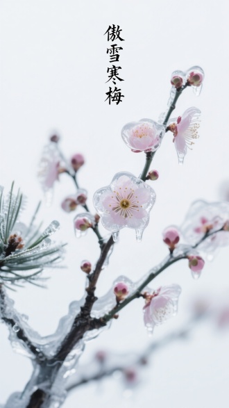近距离X光拍摄，半透明的极简主义梅花枝在素白背景中缀满冰晶，腊梅与松针交错，霜雾玻璃朦胧覆盖，多次曝光呈现花瓣脉络。微距摄影捕捉花蕊的冰凌折射，柔和的粉白色调由青灰冰纹衬托，由威廉·方使用哈苏Hasselblad x2d相机拍摄——长宽比9:16——个性化qwmtejw，上方写着“傲雪寒梅”书法字