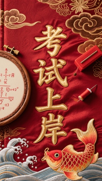 "考试上岸"四字采用绛红色真丝缎面打底，字廓以金铜色绣线勾勒立体包边。锦鲤鳞片采用渐变琥珀金与珊瑚红丝线叠绣，浪花用月白银线掺捻浅灰蓝丝表现水光。"考"字左侧绣绷用檀木色框架自动演绎朱砂色解题公式，右侧茜红色针线盒飞出赭石色重点标记。背景绎丝祥云以暗红底配金棕缠枝纹，整体如古籍封面般典雅考究。