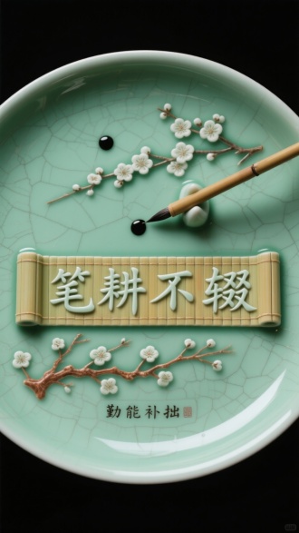 青瓷盘上 “笔耕不辍” 四字浮雕如刻，翠青釉色的毛笔在冰裂纹背景中悬停书写，墨滴凝成朵朵梅花。盘里舒展的竹简卷轴记录着勤学箴言，字下方梅枝纹从青绿渐变至赭石，盘底镌刻“勤能补拙”阴文款，釉面莹润似玉，尽显古朴韵味。​