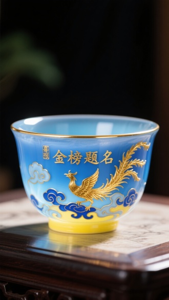 一个半透明蓝色宝石材质碗，碗壁 “金榜题名” 四字立体如琢，蓝釉彩勾勒的凤凰自祥云间振翅欲飞，尾羽流光溢彩。碗沿飘出烫金喜报，字下方祥云纹由宝蓝渐变为明黄，珐琅釉面温润细腻，折射出瑰丽的金属光泽。​摆放在桌子上，正视图，明亮