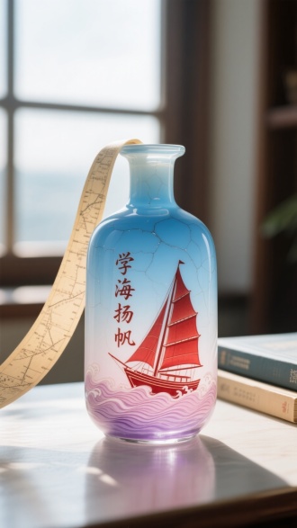 一个半透明精致小瓶，光滑琉璃材质，湛蓝色，瓶上 “学海扬帆” 四字浮凸如雕，朱红釉彩绘制的帆船在胭脂红浪涛中破浪前行，船帆随风鼓起。瓶口垂下长长的泛黄的航海图卷轴，字下方海浪纹由浅粉渐变至绛紫，釉面开片自然，光影流转间尽显古典雅致。摆放在桌上，旁边放几本书，窗边，逆光，柔光，明亮清晰