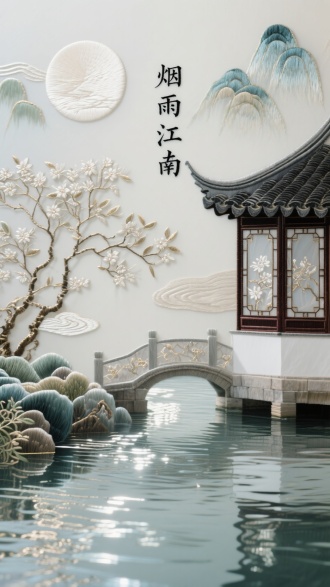 蚕丝绣线在真丝绡上绣出 “烟雨江南” 四字，乱针绣技法呈现拙政园水榭景致，月白窗棂与黛瓦使用双面异色绣工艺，立体展开时水波光影粼粼闪烁，烫银柳丝环绕苏式花窗纹样，半透明云母片雕刻小桥流水，自然光穿透形成园林剪影投影，底纹采用元代浅绛山水笔触渐变，8K 超清还原蚕丝光泽与刺绣针脚肌理。