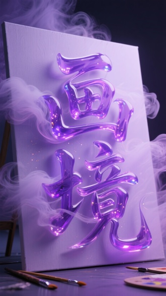 高分辨率 3D 文字 书法“画境” 设计，文字轮廓边缘呈现晕染状色彩烟雾渗透纹理，淡紫色的梦幻画布背景衬托动态层次结构，色彩烟雾层叠加半透明琉璃材质，文字骨架采用灵动奇幻的扭曲造型，亮紫色微光粒子在色彩烟雾间隙流动，暗场照明突显色彩烟雾的极致质感，神秘的紫色光晕在负空间形成雾化效果，色彩晕染瞬间的凝固态与文字本体构成超现实立体结构。画布旁有几支画笔随意摆放着。
