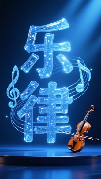 高分辨率 3D 文字 “乐律” 设计，文字轮廓边缘呈现跳动状音符丝线渗透纹理，深蓝色的音乐舞台背景衬托动态层次结构，音符丝线层叠加半透明水晶材质，文字骨架采用活泼欢快的扭曲造型，浅蓝色微光粒子在音符丝线间隙流动，亮场照明突显音符丝线的极致质感，璀璨的蓝色光晕在负空间形成雾化效果，音符跳动瞬间的凝固态与文字本体构成超现实立体结构。舞台上有一把小提琴，琴弓还在琴弦上。