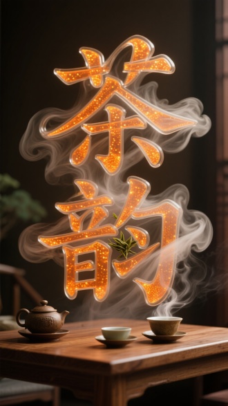 高分辨率 3D 文字 “茶韵” 设计，文字轮廓边缘呈现缭绕状茶香雾气渗透纹理，淡褐色的木质茶桌背景衬托动态层次结构，茶香雾气层叠加半透明玻璃材质，文字骨架采用悠然舒缓的扭曲造型，暖橙色微光粒子在茶香雾气间隙流动，暗场照明突显茶香雾气的极致质感，温馨的橙黄色光晕在负空间形成雾化效果，茶叶在水中翻滚瞬间的凝固态与文字本体构成超现实立体结构。茶桌上放着一套古朴的茶具，茶杯中还冒着热气。