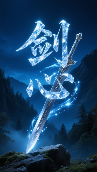 高分辨率 3D 文字 “剑心” 设计，文字轮廓边缘呈现闪烁状剑气光芒渗透纹理，深蓝色的夜空山林背景衬托动态层次结构，剑气光芒层叠加半透明钻石材质，文字骨架采用刚劲凌厉的扭曲造型，亮银色微光粒子在剑气光芒间隙流动，暗场照明突显剑气光芒的极致质感，神秘的蓝色光晕在负空间形成雾化效果，剑气挥洒瞬间的凝固态与文字本体构成超现实立体结构。山林中，一把宝剑插在石头上，剑身散发着寒光。