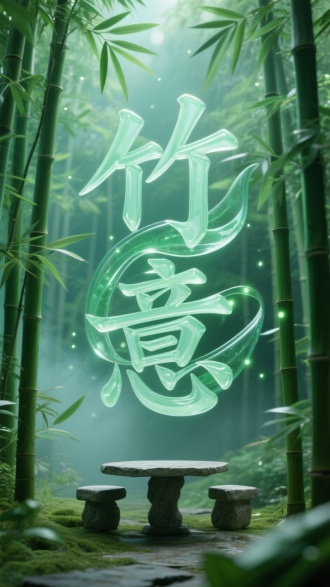 高分辨率 3D 文字 “竹意” 设计，文字轮廓边缘呈现摇曳状竹叶光影渗透纹理，青绿色的竹林背景衬托动态层次结构，竹叶光影层叠加半透明翡翠材质，文字骨架采用挺拔坚韧的扭曲造型，浅绿色微光粒子在竹叶光影间隙流动，柔场照明突显竹叶光影的极致质感，清新的绿色光晕在负空间形成雾化效果，竹叶随风摇曳瞬间的凝固态与文字本体构成超现实立体结构。竹林中摆放着一张石桌和石凳。