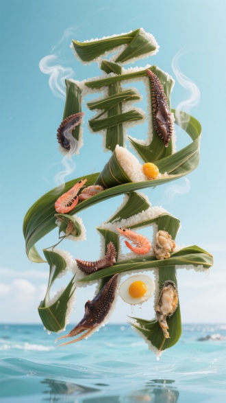 实景拍摄风格的 “甬舟” 立体悬空字体，采用甬舟地区海鲜粽的熟粽叶、油润糯米、墨鱼干、蛏子肉、海虾、咸蛋黄为素材，浅蓝背景营造海滨氛围。粽叶卷曲成波浪弧线勾勒轮廓，浸透海鲜汤汁的糯米泛着光泽，深褐墨鱼干纹理清晰，鲜嫩蛏子肉、粉红海虾与流油咸蛋黄嵌于笔画间。几缕热气从湿润的食材表面升起，底部淡蓝半透明投影，重现东海之滨粽的鲜美与海洋气息。