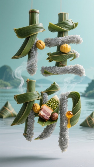 实景拍摄风格的 “桂柳” 立体悬空字体，采用柳州灰水粽与桂林竹叶粽的熟粽叶、糯米、五花肉、板栗、绿豆、黄皮酱为素材，淡青色背景烘托八桂山水意境。粽叶卷曲成漓江波纹状勾勒轮廓，混着草木灰的糯米晶莹发亮，油润五花肉肥瘦相间，金黄板栗与翠绿绿豆嵌于笔画转折处，琥珀色黄皮酱如蜜蜡般点缀凹陷。丝丝热气从食材缝隙袅袅升起，底部浅灰投影若隐若现，重现桂北粽的清香软糯与地域风情。