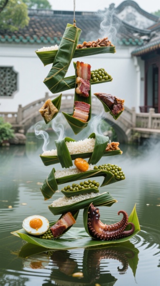 实景拍摄风格的 “东莞” 立体悬空字体，采用东莞道滘粽的熟粽叶、油润糯米、五花卤肉、绿豆、干鱿鱼、咸蛋黄为素材，背景为东莞可园青瓦白墙与岭南园林水景，营造端午游园氛围。粽叶卷曲成九曲桥蜿蜒弧线勾勒轮廓，裹着卤肉汁的糯米粒粒油亮，肥瘦相间的五花卤肉红亮诱人，深褐干鱿鱼蜷曲纹理清晰，绵密绿豆与流油咸蛋黄嵌于笔画转折处。几缕热气从食材缝隙袅袅升起，与背景中水面薄雾相呼应，底部倒影随波纹微漾，食材紧密贴合字形，再现东莞粽的醇厚鲜香与岭南水乡的节日雅韵。