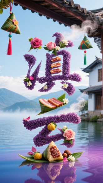 实景拍摄风格的 “滇云” 立体悬空字体，采用云南鲜花粽与紫米腊肉粽的熟粽叶、紫糯米、宣威火腿、玫瑰花瓣、茉莉花酱、板栗为素材，背景为大理洱海苍山与白族民居，屋檐下悬挂彩色端午香囊，烘托节日氛围。粽叶卷曲成苍山云纹勾勒轮廓，泛着光泽的紫糯米塑造立体结构，咸香火腿切片纹理清晰，玫瑰花瓣与茉莉花酱点缀其间，金黄板栗填补笔画凹陷。几缕热气裹挟花香从食材缝隙袅袅升起，与洱海薄雾相融，底部渐变的蓝紫色投影倒映在 “水面”，食材紧密贴合字形，展现滇地粽甜咸交织的独特风味与山水间的端午诗意。