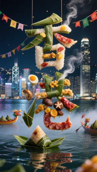 实景拍摄风格的 “香港” 立体悬空字体，采用港式裹蒸粽的熟粽叶、油润糯米、腊肠、瑶柱、花菇、咸蛋黄为素材，背景为维港夜景，璀璨的中环建筑群灯火通明，海面上飘着装饰端午彩旗的龙舟，烘托节日氛围。粽叶卷曲成天星小轮弧线勾勒轮廓，裹着腊肠油脂的糯米晶莹发亮，腊肠切片油润泛红，金黄瑶柱、深褐花菇与流油咸蛋黄紧密嵌于笔画转折处。几缕热气从食材缝隙袅袅升起，与维港夜色中的薄雾交融，底部虚化的倒影随波浪轻晃，食材严丝合缝贴合字形，重现香港粽的醇厚鲜香与都市节日的繁华烟火。