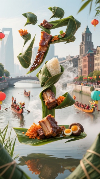 实景拍摄风格的 “沪上” 立体悬空字体，采用上海排骨粽的熟粽叶、油润糯米、红烧排骨、开洋（虾米）、香菇、咸蛋黄为素材，背景为外滩万国建筑群与黄浦江上的龙舟竞渡，沿岸飘满端午菖蒲与彩色灯笼，渲染节日氛围。粽叶卷曲成外白渡桥的优雅弧线勾勒轮廓，裹着浓郁酱汁的糯米粒粒发亮，红亮油润的排骨块纹理清晰，橙红开洋、深褐香菇与流油咸蛋黄嵌于笔画转折处。几缕热气从食材缝隙轻盈升起，与江面晨雾交织，底部虚化的倒影随水波摇曳，食材紧密贴合字形，重现沪上粽鲜香醇厚的海派风味与端午时节的都市烟火。