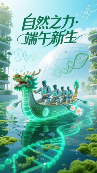 生物科技风格的端午海报，中央龙舟采用仿生设计，半透明船体内可见光合作用能量转换系统。水面布满发光藻类，随龙舟经过形成DNA链状波纹。背景是垂直农场与生态穹顶，空中漂浮着植物基因图谱。船员穿着智能生态服，船桨末端会绽放全息花朵。主色调为莹绿与透明蓝，顶部有机字体"自然之力·端午新生"，传递可持续发展理念。