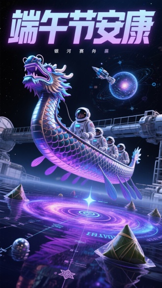 超现实3D渲染，银河赛龙舟概念海报。主体为反重力合金龙舟，船体覆盖可变形液态金属鳞片，随速度变换星云色彩。水面由引力场扭曲形成发光星环，漂浮着星际坐标与量子符号。背景为太空站观景平台，悬浮着全息星系图与航天器投影。顶部发光文字"端午节安康"采用宇航局字体，主色调为深空紫与星尘蓝，点缀脉冲星光。细节：船员穿戴太空服，头盔显示引力波数据；水面漂浮着真空包装的太空粽子。