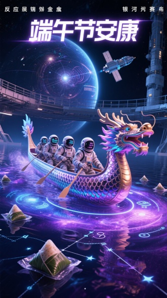 超现实3D渲染，银河赛龙舟概念海报。主体为反重力合金龙舟，船体覆盖可变形液态金属鳞片，随速度变换星云色彩。水面由引力场扭曲形成发光星环，漂浮着星际坐标与量子符号。背景为太空站观景平台，悬浮着全息星系图与航天器投影。顶部发光文字"端午节安康"采用宇航局字体，主色调为深空紫与星尘蓝，点缀脉冲星光。细节：船员穿戴太空服，头盔显示引力波数据；水面漂浮着真空包装的太空粽子。