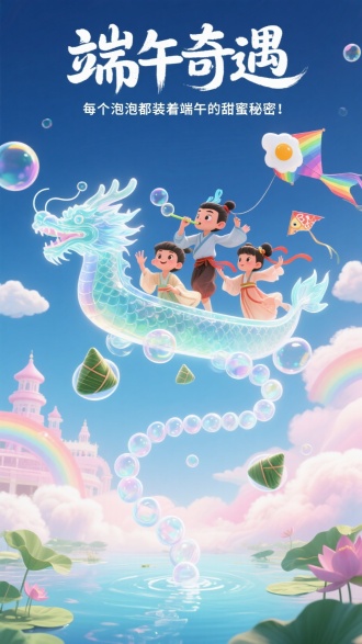 透明水彩3D风格，梦幻气泡主题插画。螺旋轨道由肥皂泡串联而成，从荷塘水面升向云端。主视觉是透明泡泡包裹的琉璃龙舟，孩子们穿着发光汉服，伸手触碰漂浮的粽子形气泡。哪吒吹奏泡泡笛，敖丙牵引着彩虹鱼风筝。背景有会飞的咸蛋云和棉花糖宫殿。顶部手绘蜡笔字体"端午奇遇"，副标题"每个泡泡都装着端午的甜蜜秘密！"随气泡曲线排列。主色调为薄荷蓝与糖果粉，光影强调气泡的折射虹彩。